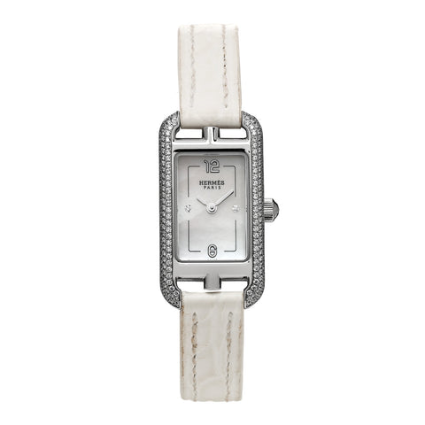 Stainless Steel Alligator Diamond Bezel Mother of Pearl 17mm Nantucket Quartz Watch Blanc