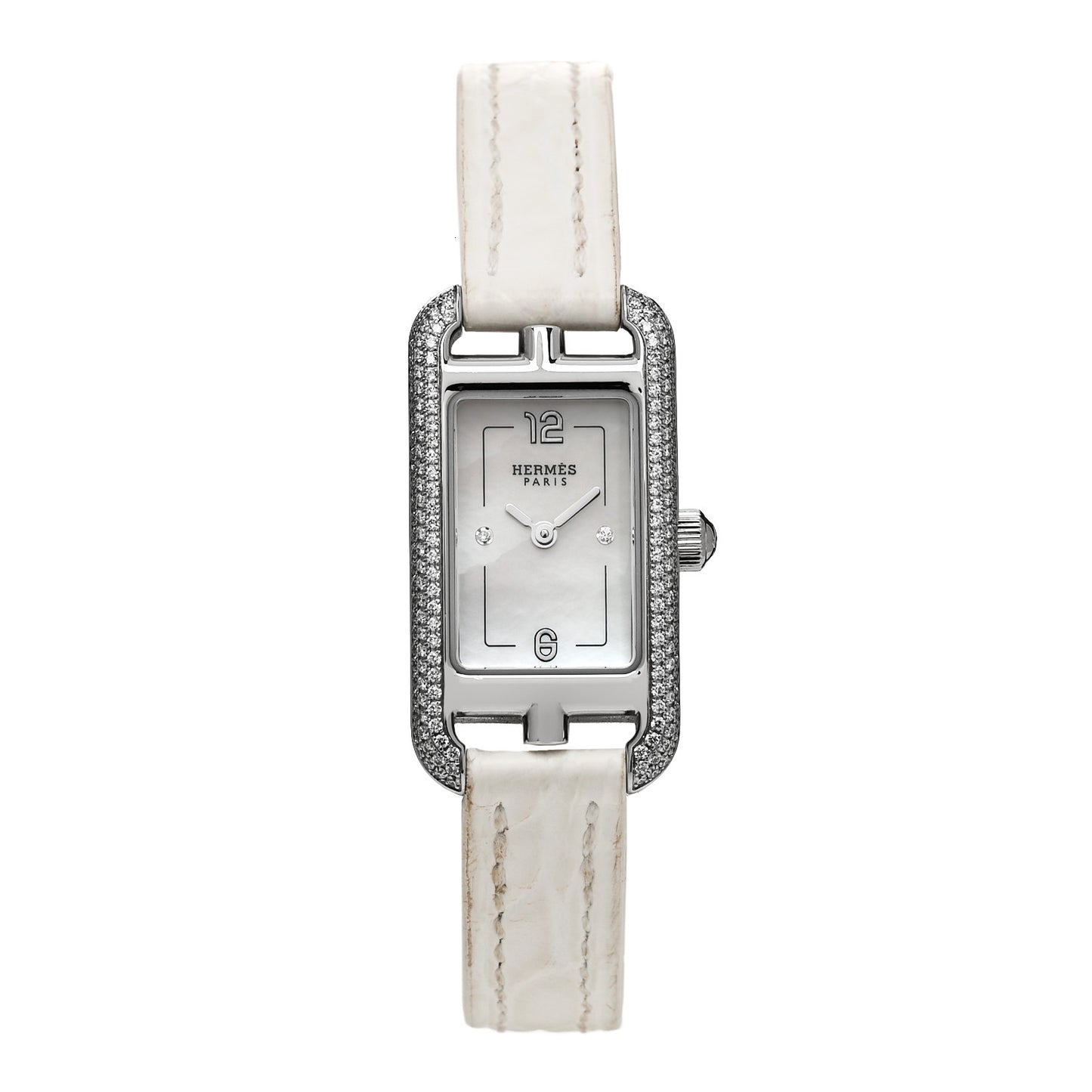 Stainless Steel Alligator Diamond Bezel Mother of Pearl 17mm Nantucket Quartz Watch Blanc