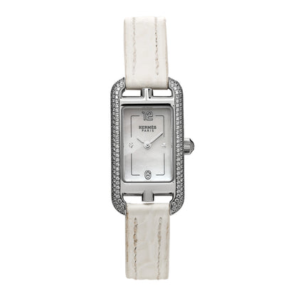 Hermes Stainless Steel Alligator Diamond Bezel Mother of Pearl 17mm Nantucket Quartz Watch Blanc 1 of 5