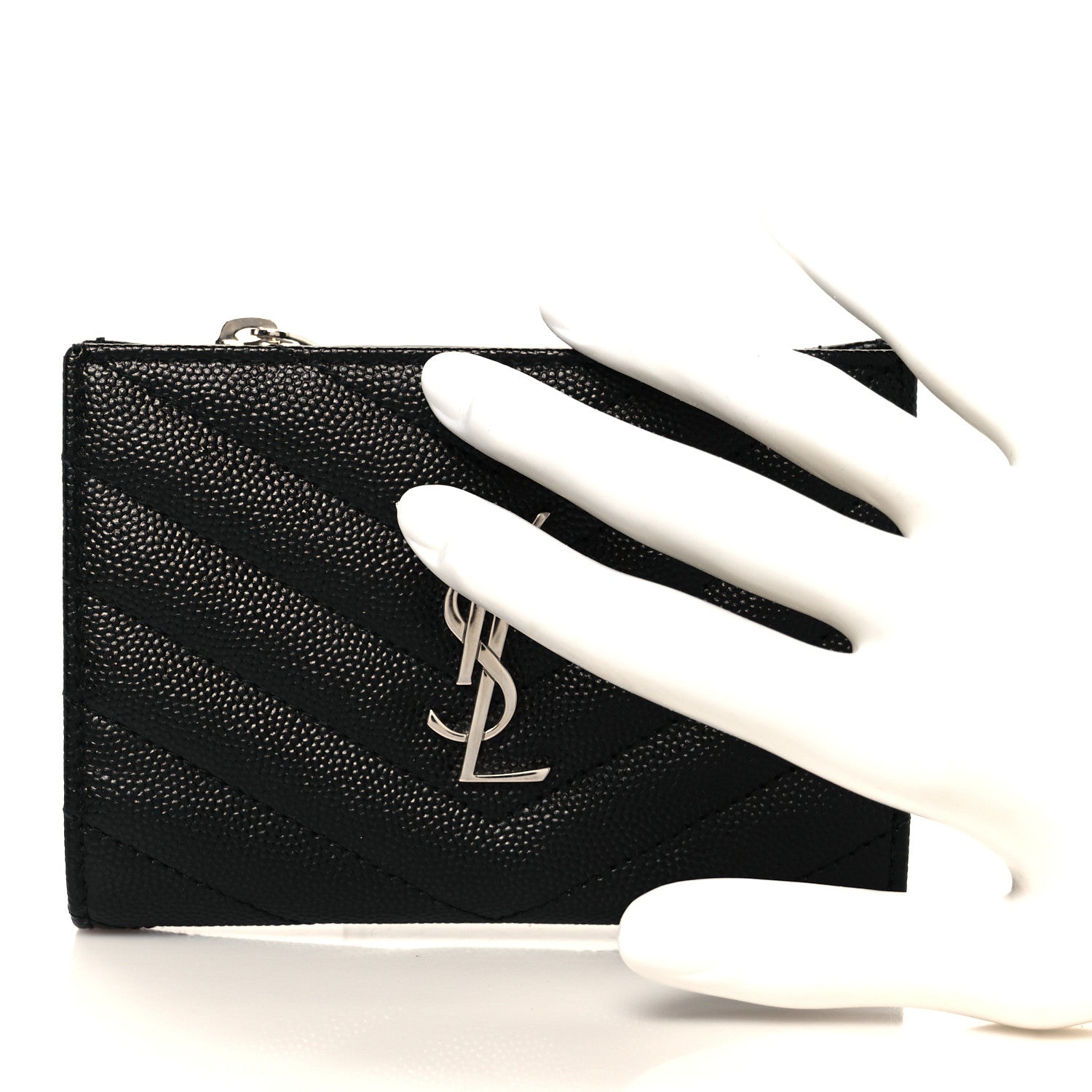 Saint Laurent Grain De Poudre Matelasse Chevron Monogram Zipped Two-Part Wallet Black 2 of 11