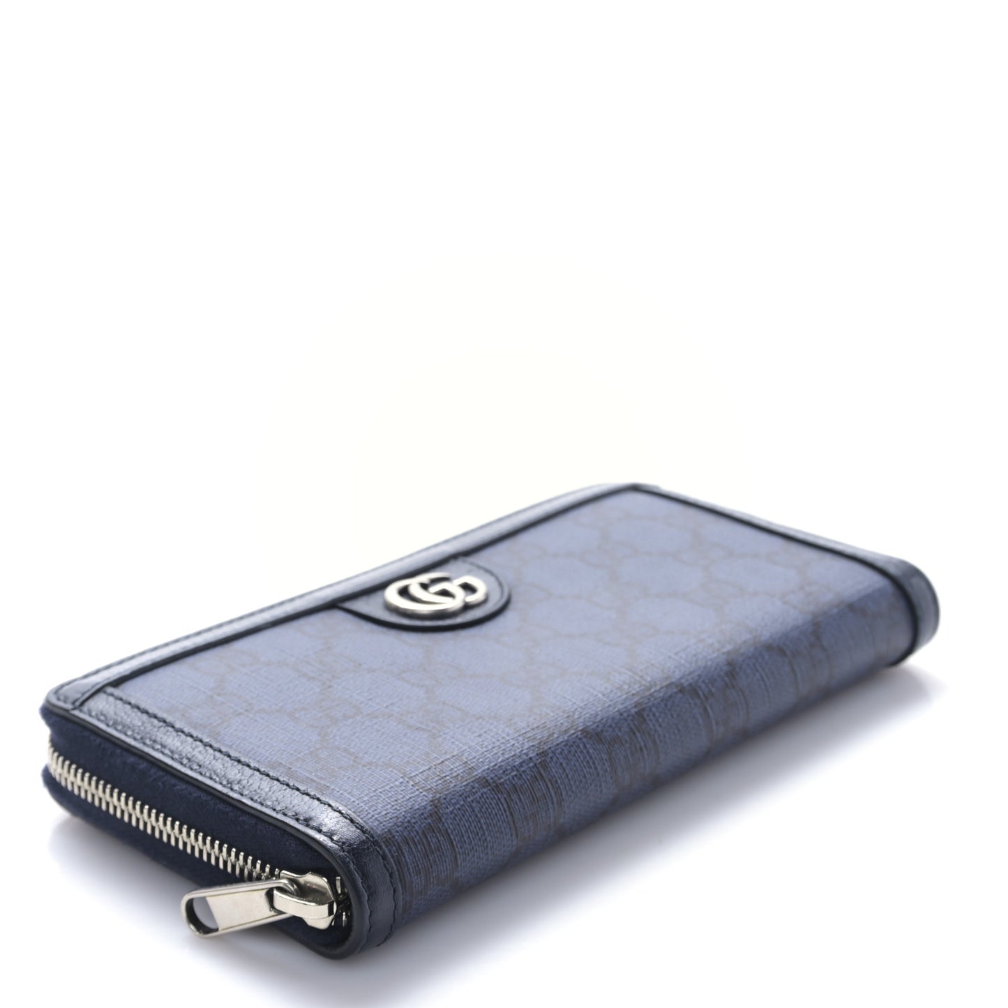 GG Supreme Monogram Textured Dollar Calfskin Ophidia Zip Around Wallet Blue Dark Blue