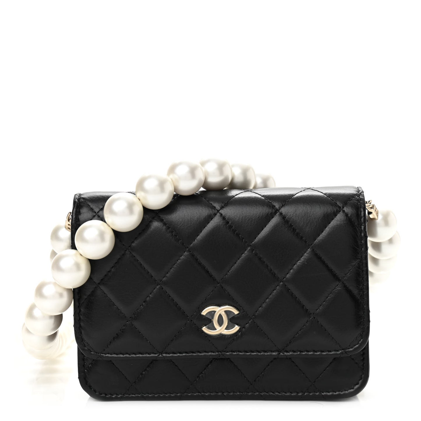 Calfskin Quilted Mini Maxi Pearls Wallet On Chain WOC Black