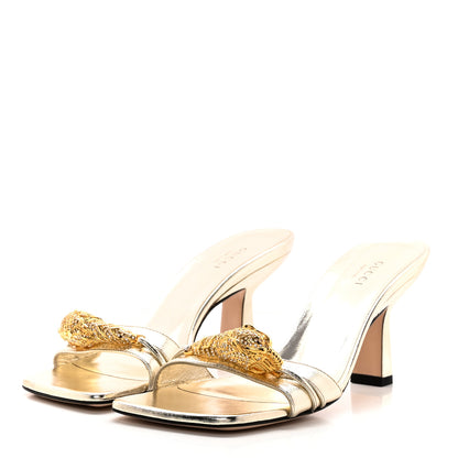 Gucci Metallic Nappa Dora Tiger Head Mid Heel Slide Sandals 37 Gold 3 of 15