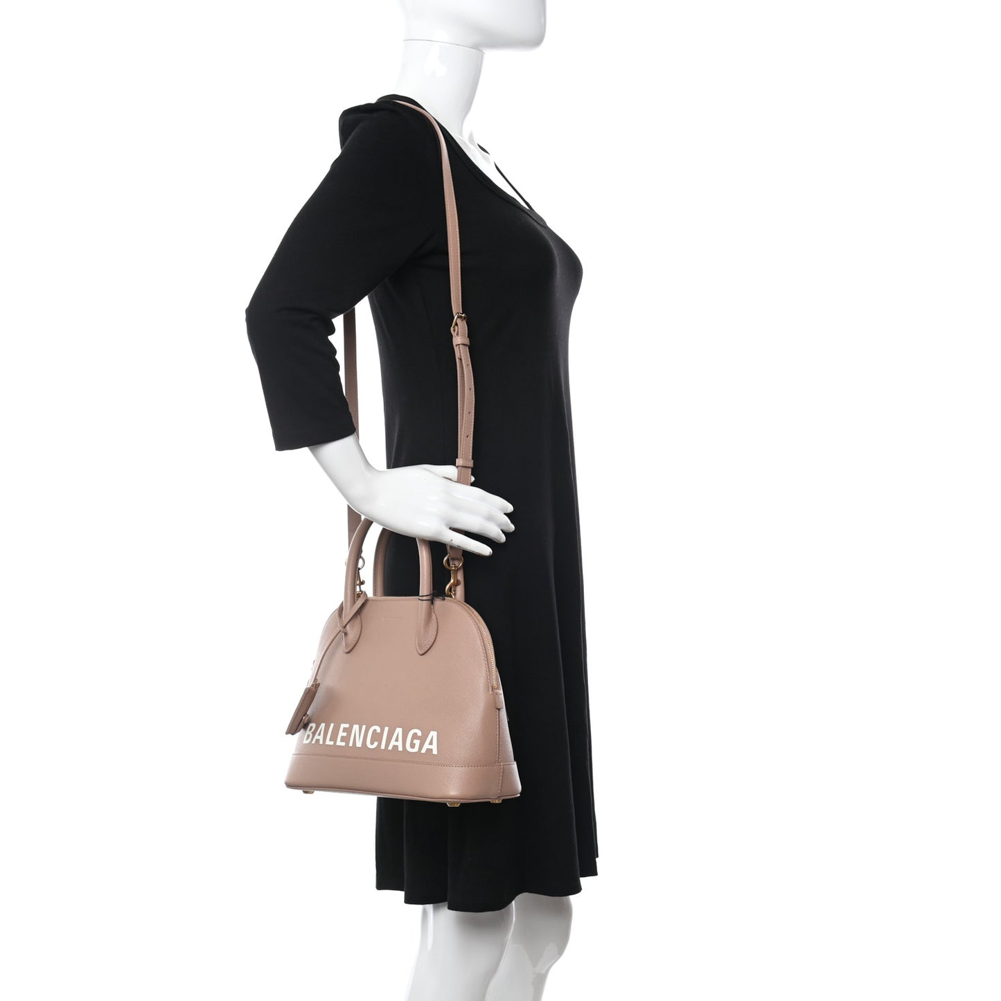 Signature Grained Calfskin Logo S Ville Top Handle Bag Nude Beige White