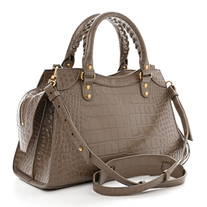 Balenciaga Shiny Supple Calfskin Crocodile Embossed Neo Classic Gold Hardware S City Mink Grey 3 of 13