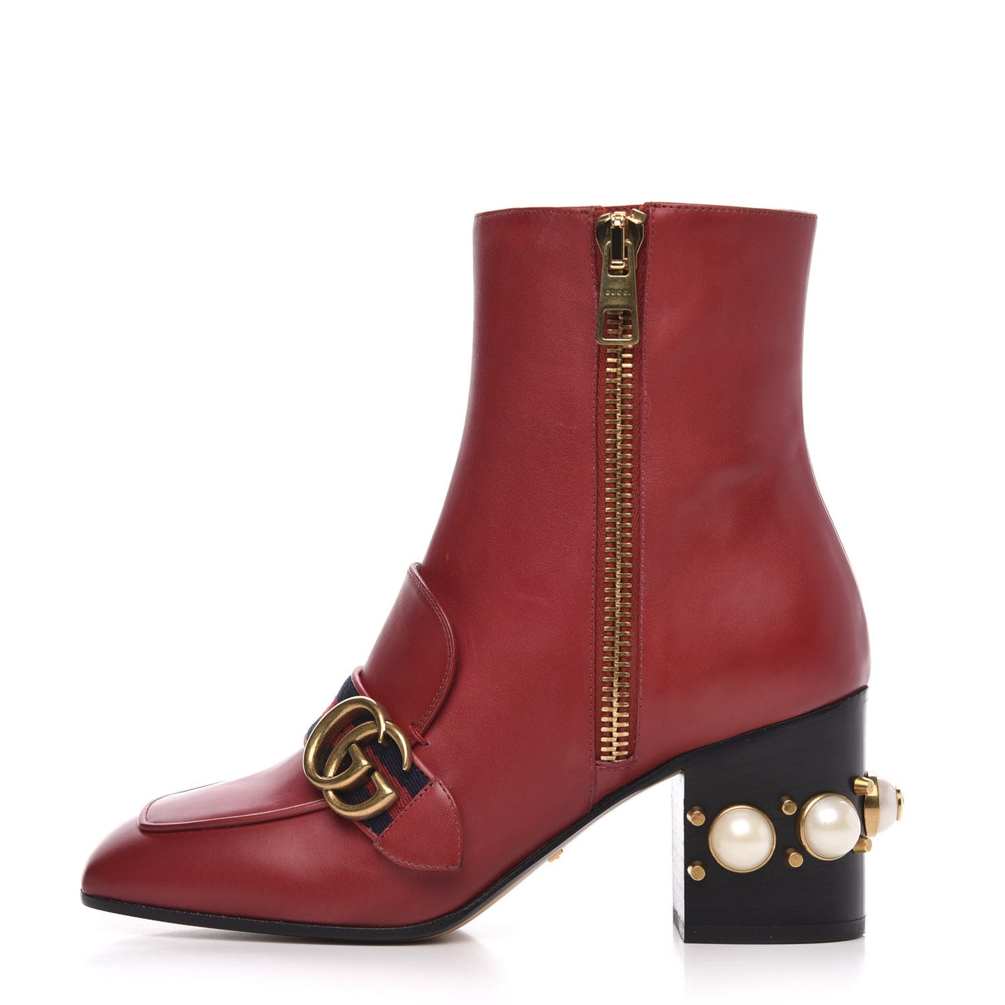 Calfskin Web Pearl Embellished Peyton Ankle Boots 37 Red