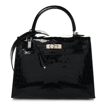Hermes Shiny Niloticus Crocodile Kelly Sellier 25 Black 1 of 12