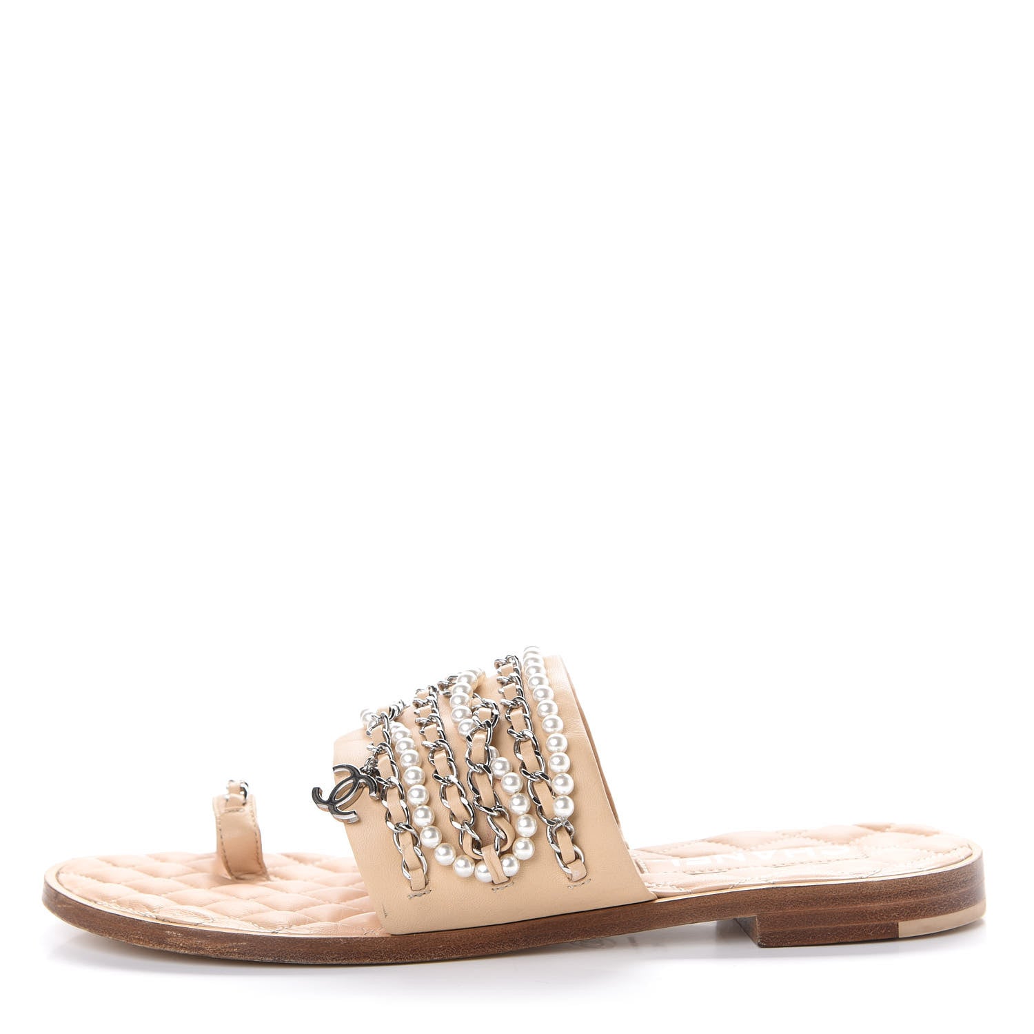 Chanel Lambskin Pearl Chain Flat Sandals 41 Beige 1 of 12