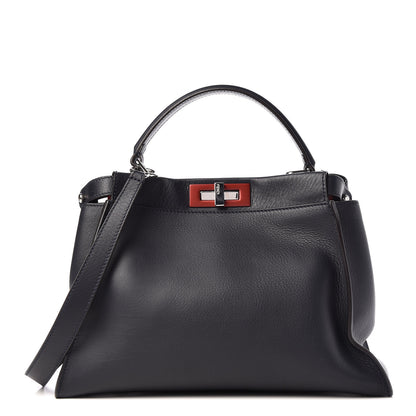Fendi Vitello Seta Shiny Nappa Medium Peekaboo Iconic Satchel Blue Notte Ardesia 1 of 9