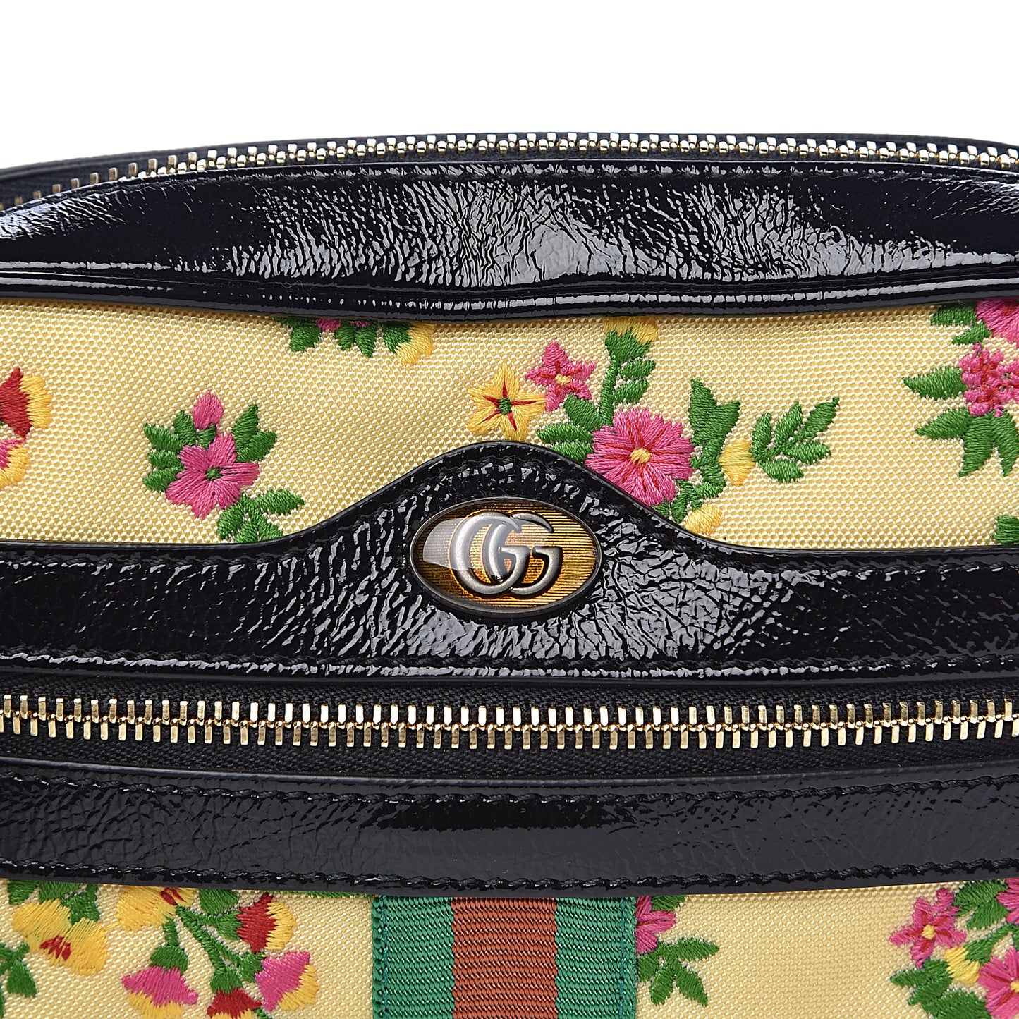 Canvas Patent Web Floral Embroidered Mini Ophidia Shoulder Bag