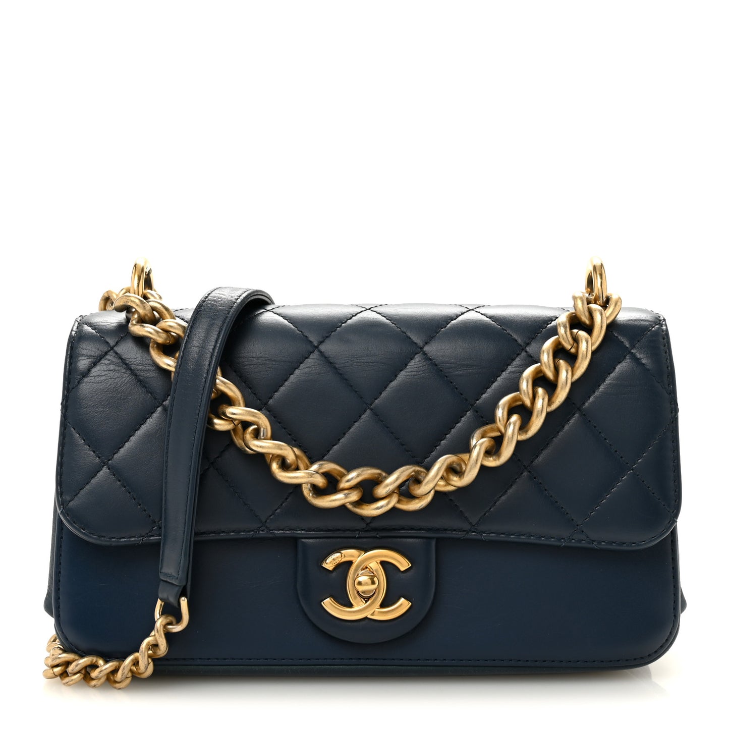 Glazed Calfskin Quilted Small Straight Lined Flap Blue