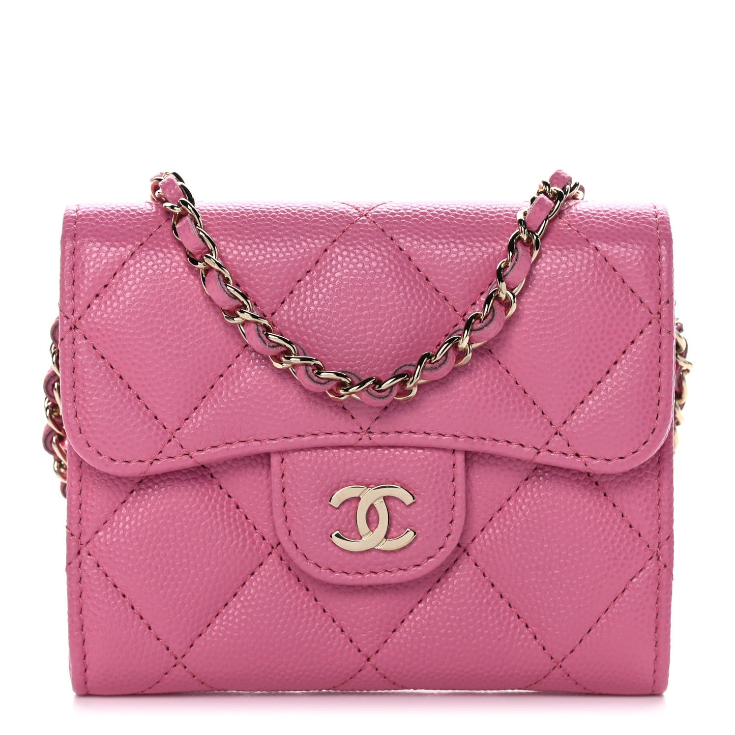 Caviar Quilted Flap Card Holder On Chain Pink
