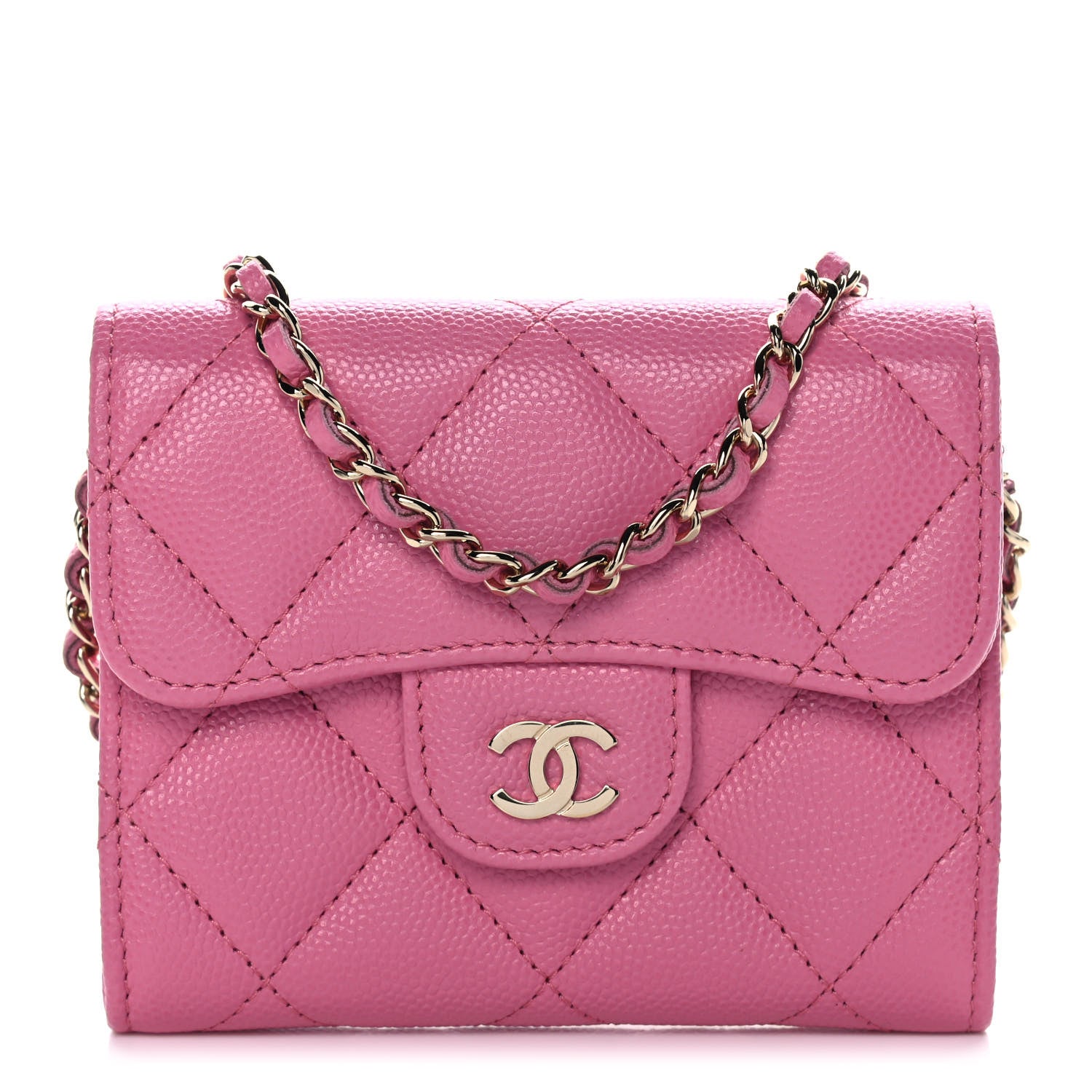 Chanel Caviar Quilted Flap Card Holder On Chain Pink 1 of 10