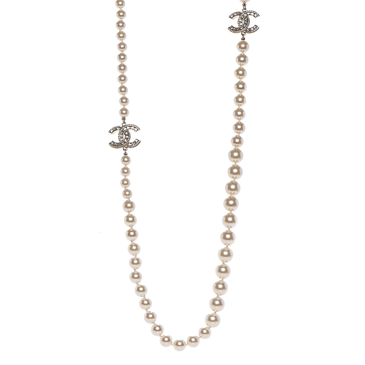 Graduated Pearl Crystal CC Long Necklace Gold