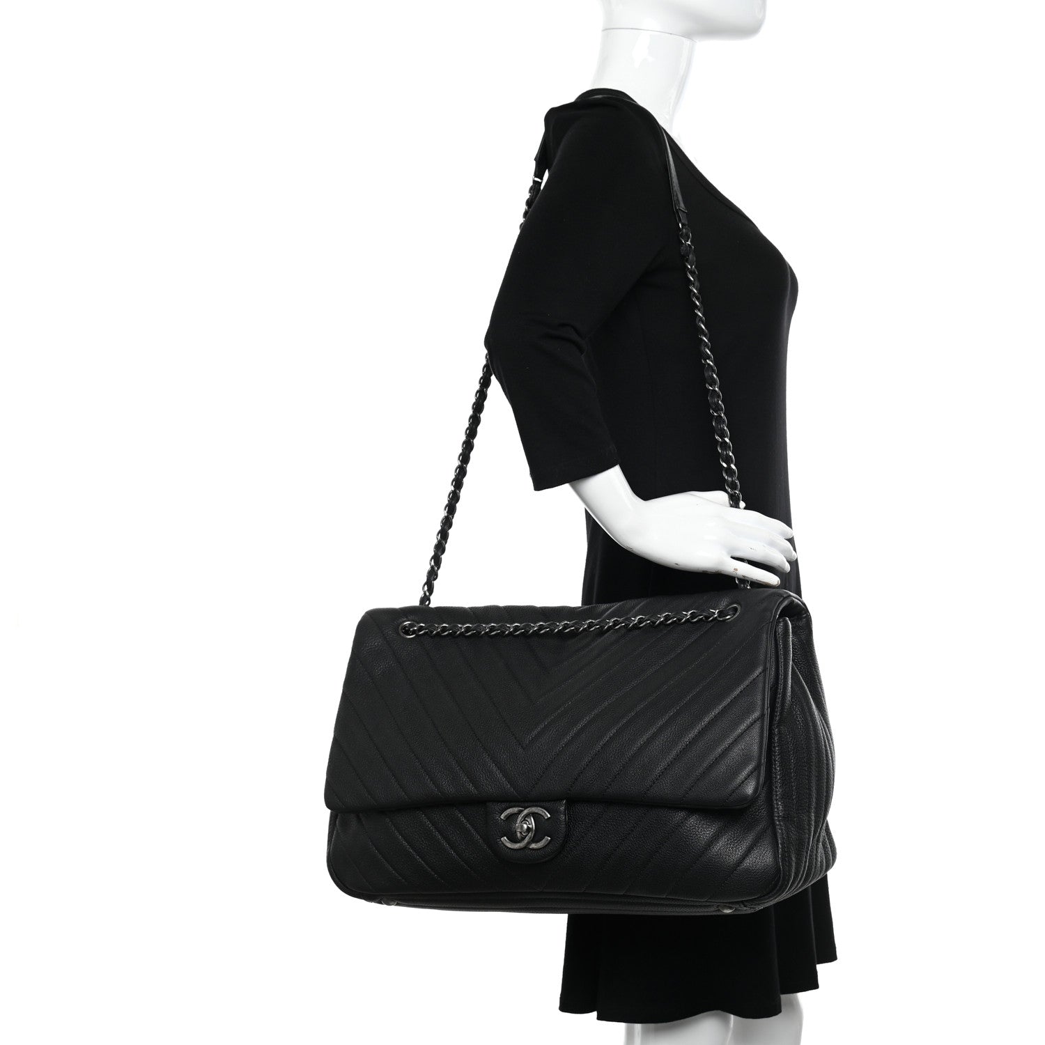 Chanel Calfskin Chevron Quilted XXL Travel Flap Bag Black 2 of 14