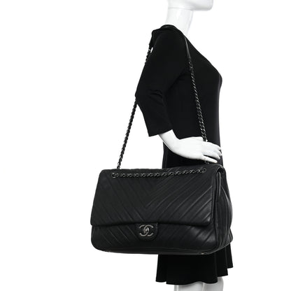 Chanel Calfskin Chevron Quilted XXL Travel Flap Bag Black 2 of 14