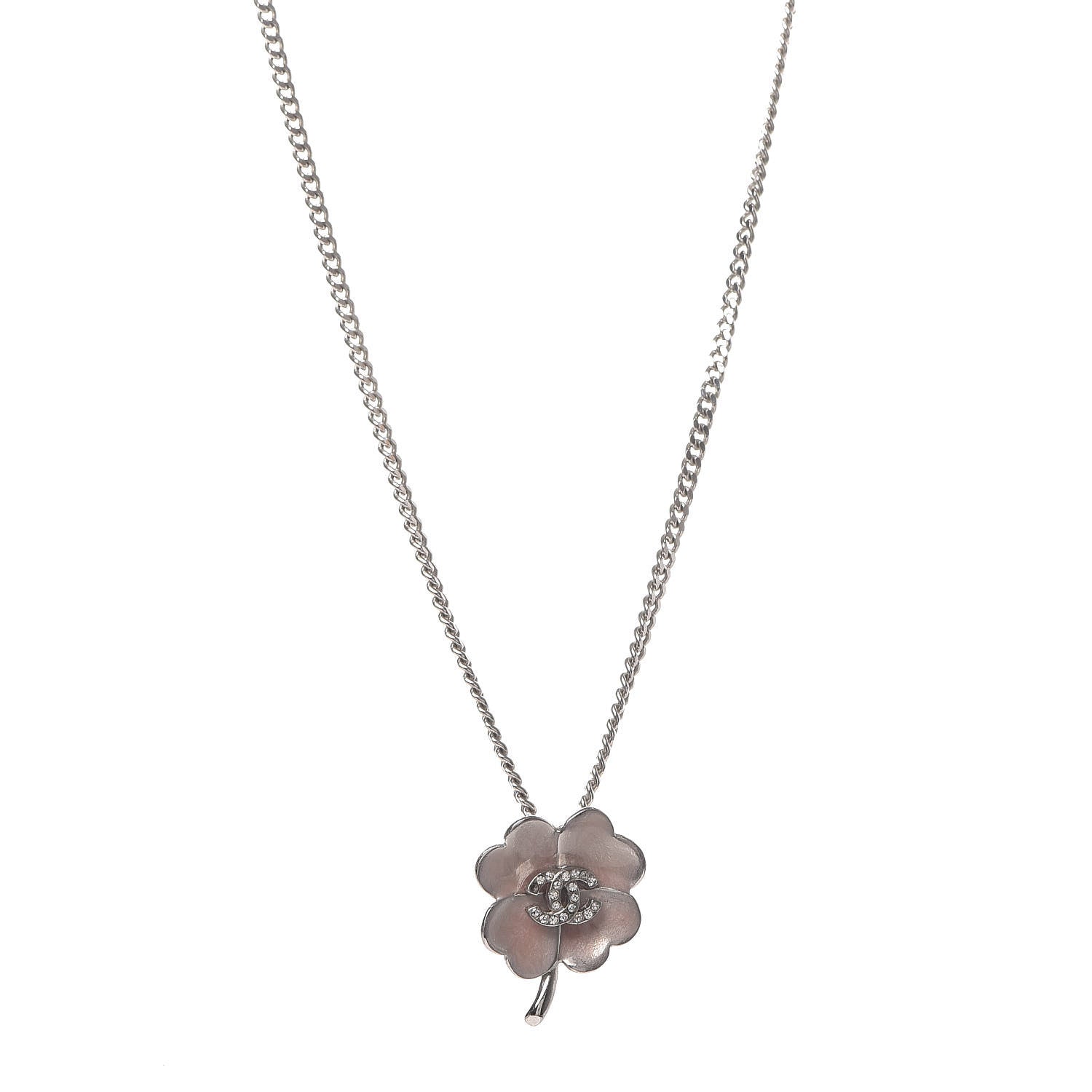 Chanel Enamel Crystal CC Camellia Pendant Necklace Silver 1 of 7
