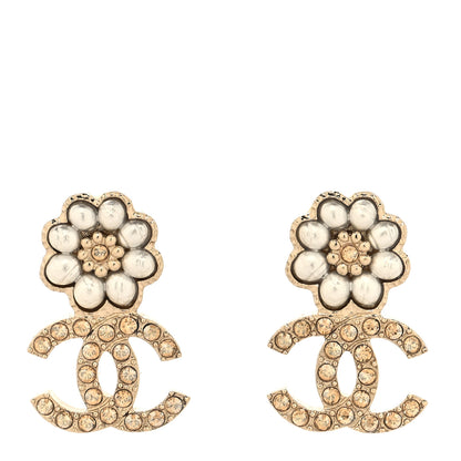Chanel Pearl Crystal CC Flower Clip On Earrings White 1 of 5