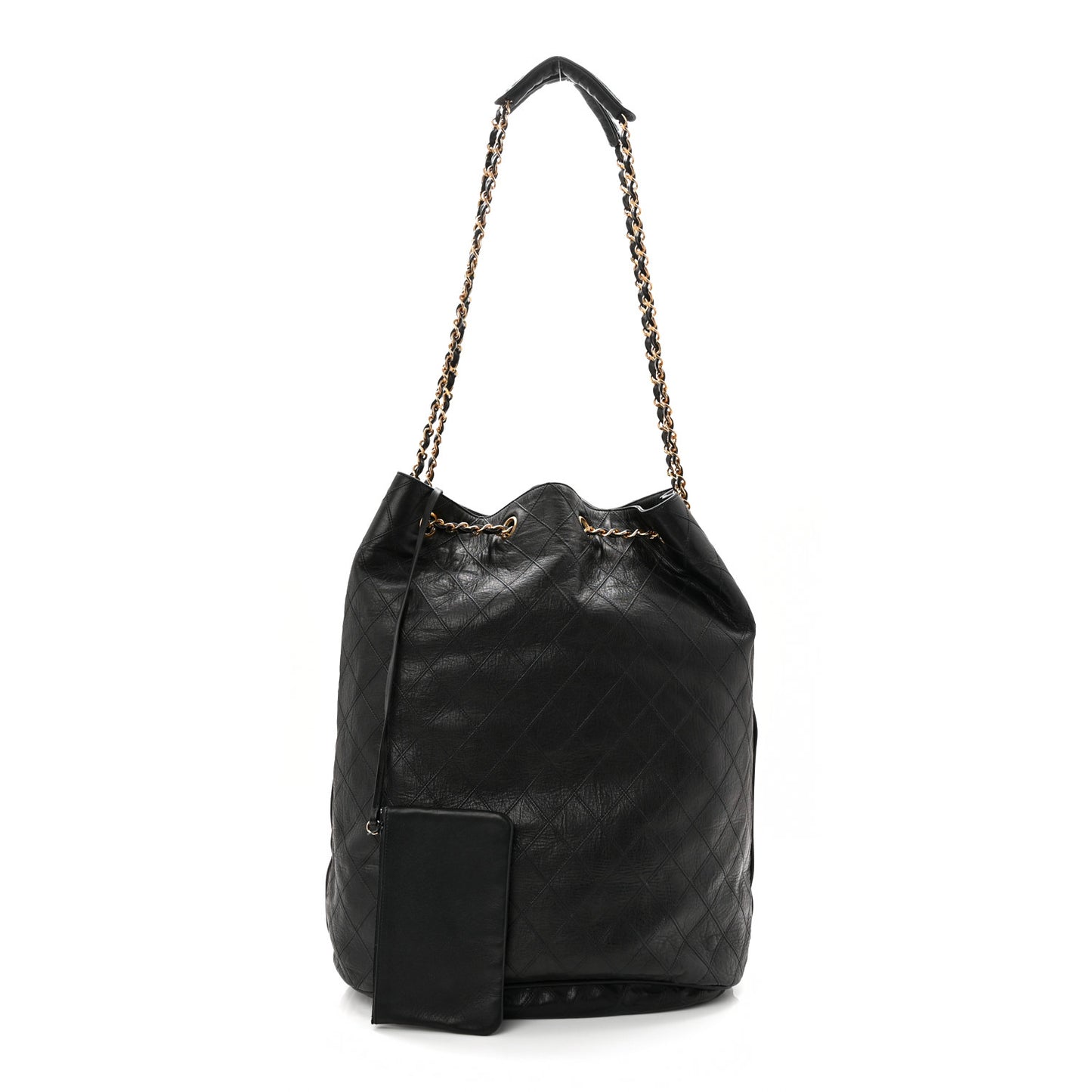 Grained Calfskin Quilted Drawstring Bucket Bag Black