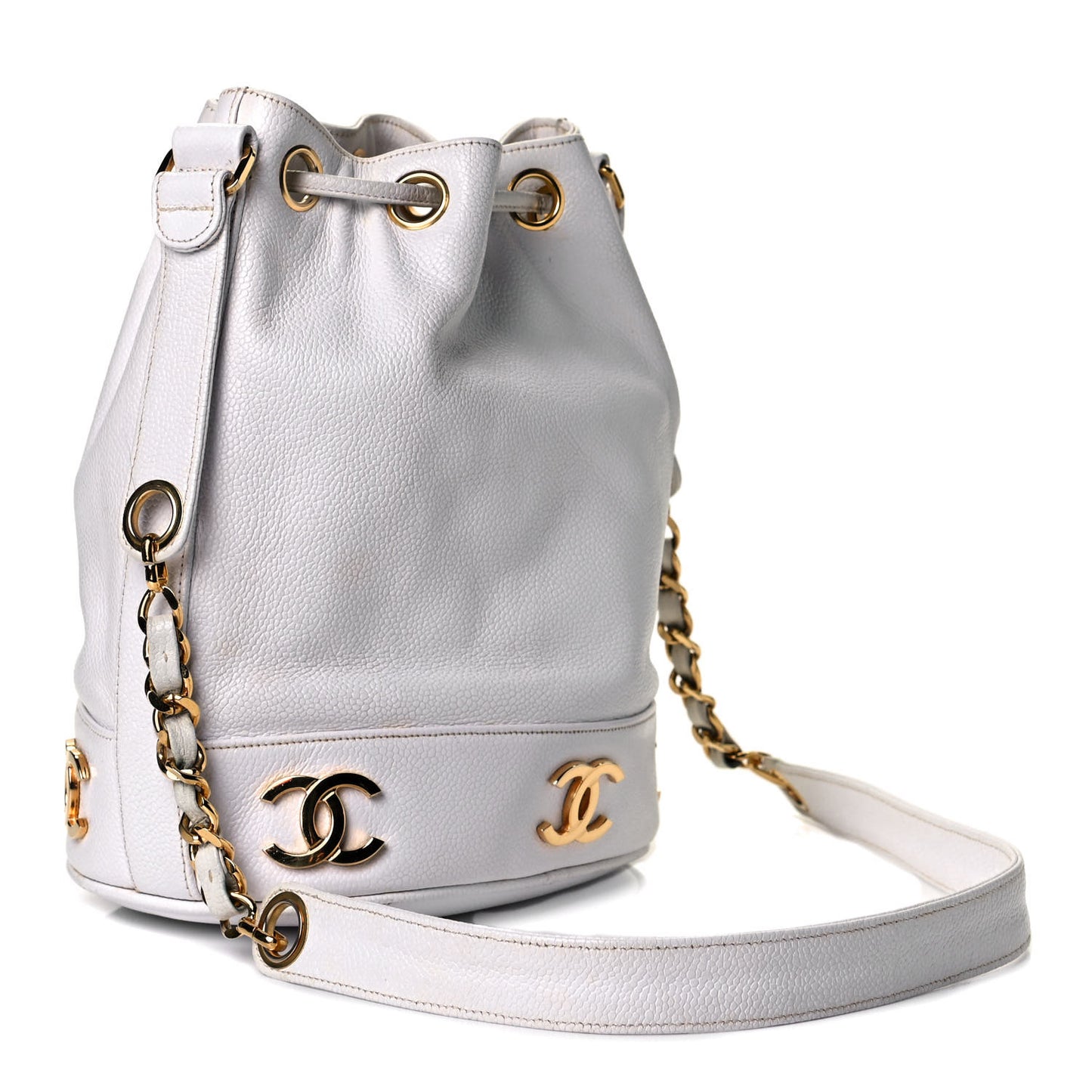 Caviar Drawstring Bucket Bag White