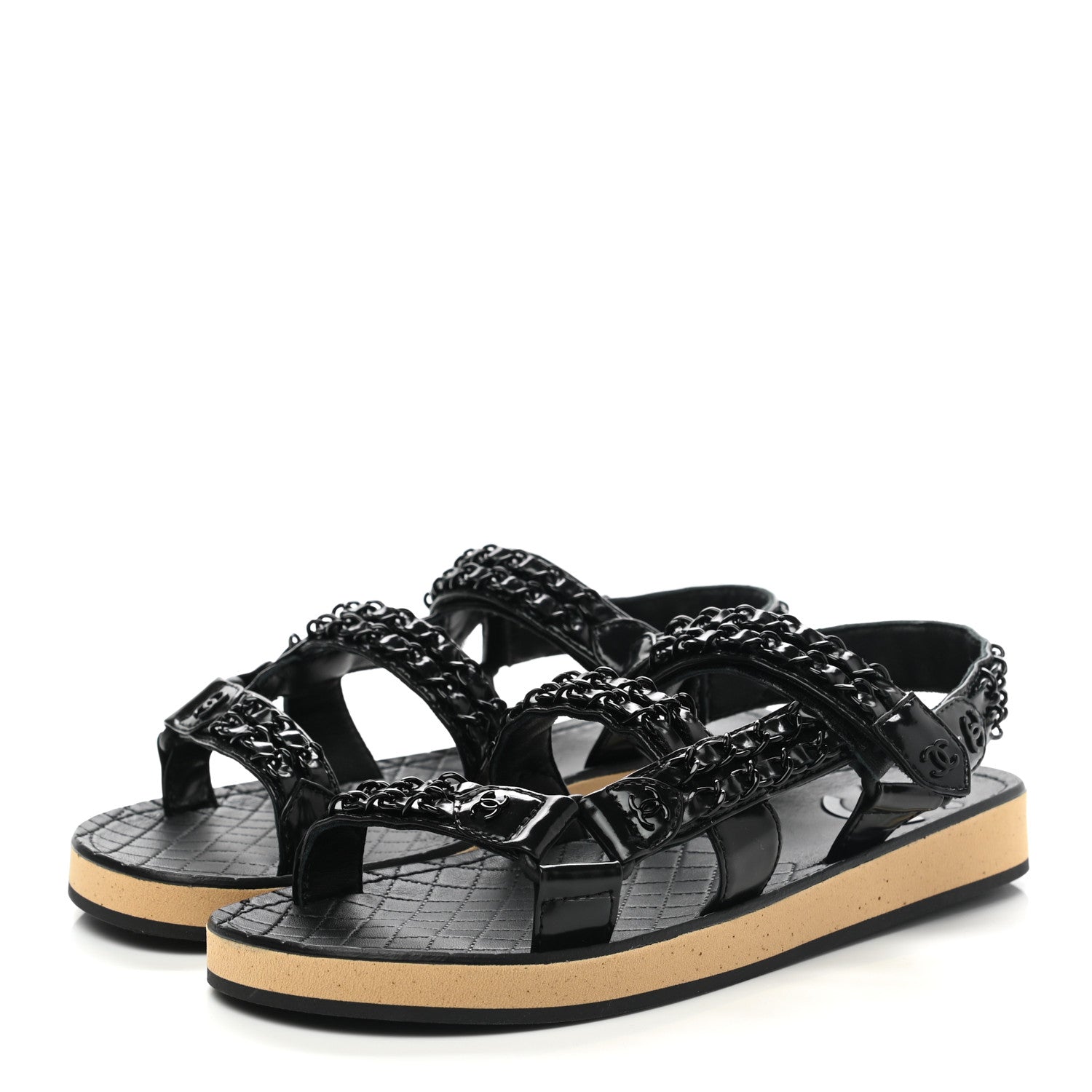 Chanel Laminated Goatskin Chain Sandals 37 So Black 3 of 8