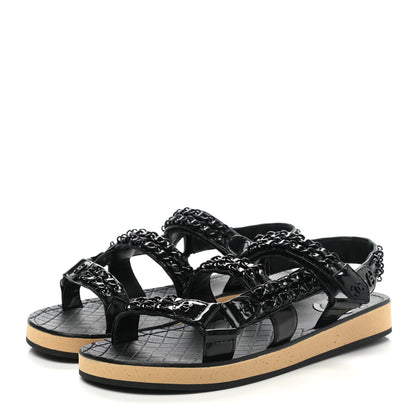 Chanel Laminated Goatskin Chain Sandals 37 So Black 3 of 8