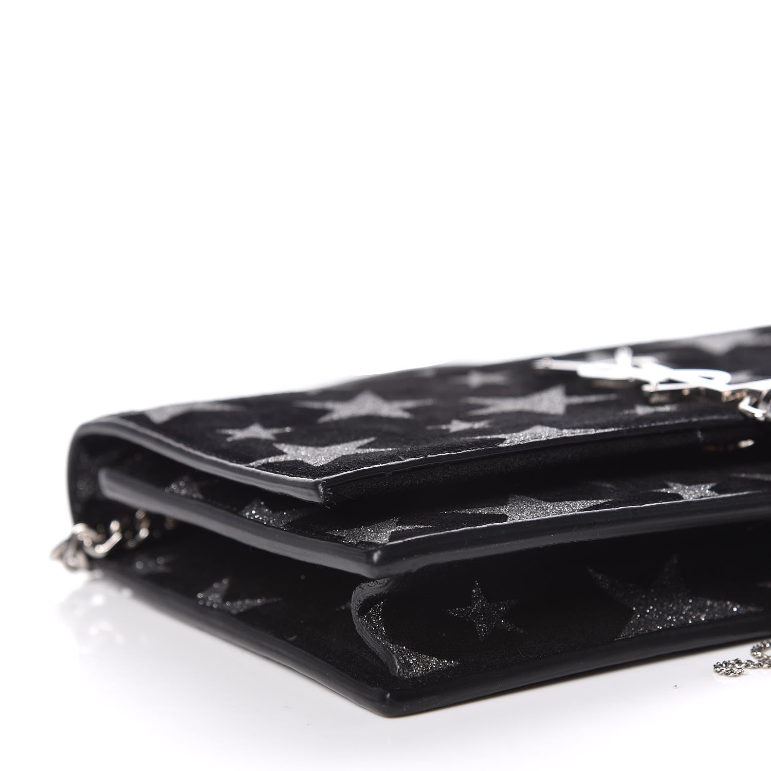Saint Laurent Suede Star Print Monogram Tassel Chain Wallet Black Silver 5 of 10