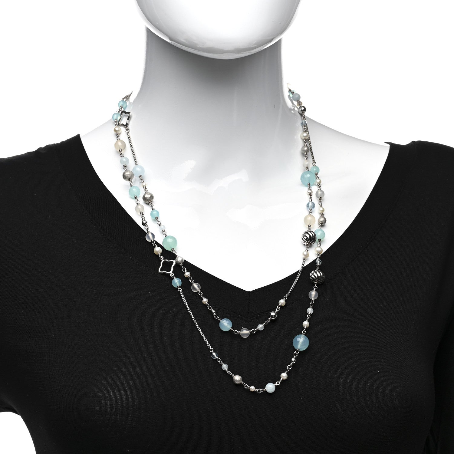 David Yurman Sterling Silver Aquamarine Pearl Blue Topaz Chalcedony Moon Quartz 14mm Quatrefoil Necklace 2 of 4