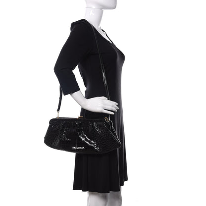 Balenciaga Shiny Supple Calfskin Logo Crocodile Embossed XL Cloud Clutch Black White 2 of 10