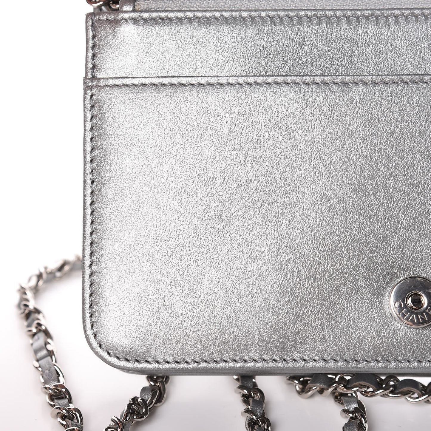 Metallic Lambskin Camellia Crystal Wallet on Chain WOC Silver