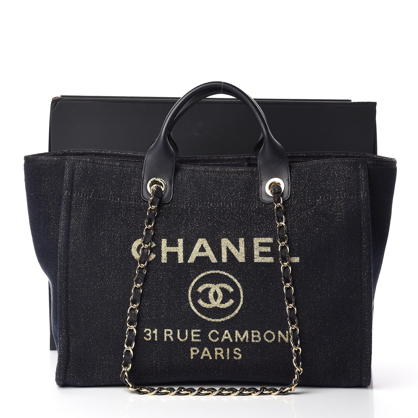 Lurex Canvas Medium Deauville Tote Navy Blue Gold