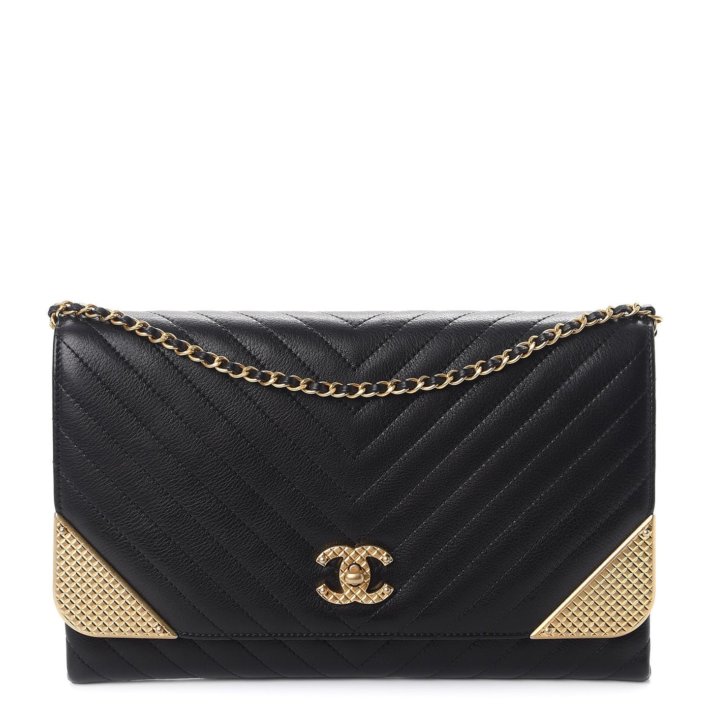 Calfskin Chevron Quilted Rock The Corner Clutch With Chain Black
