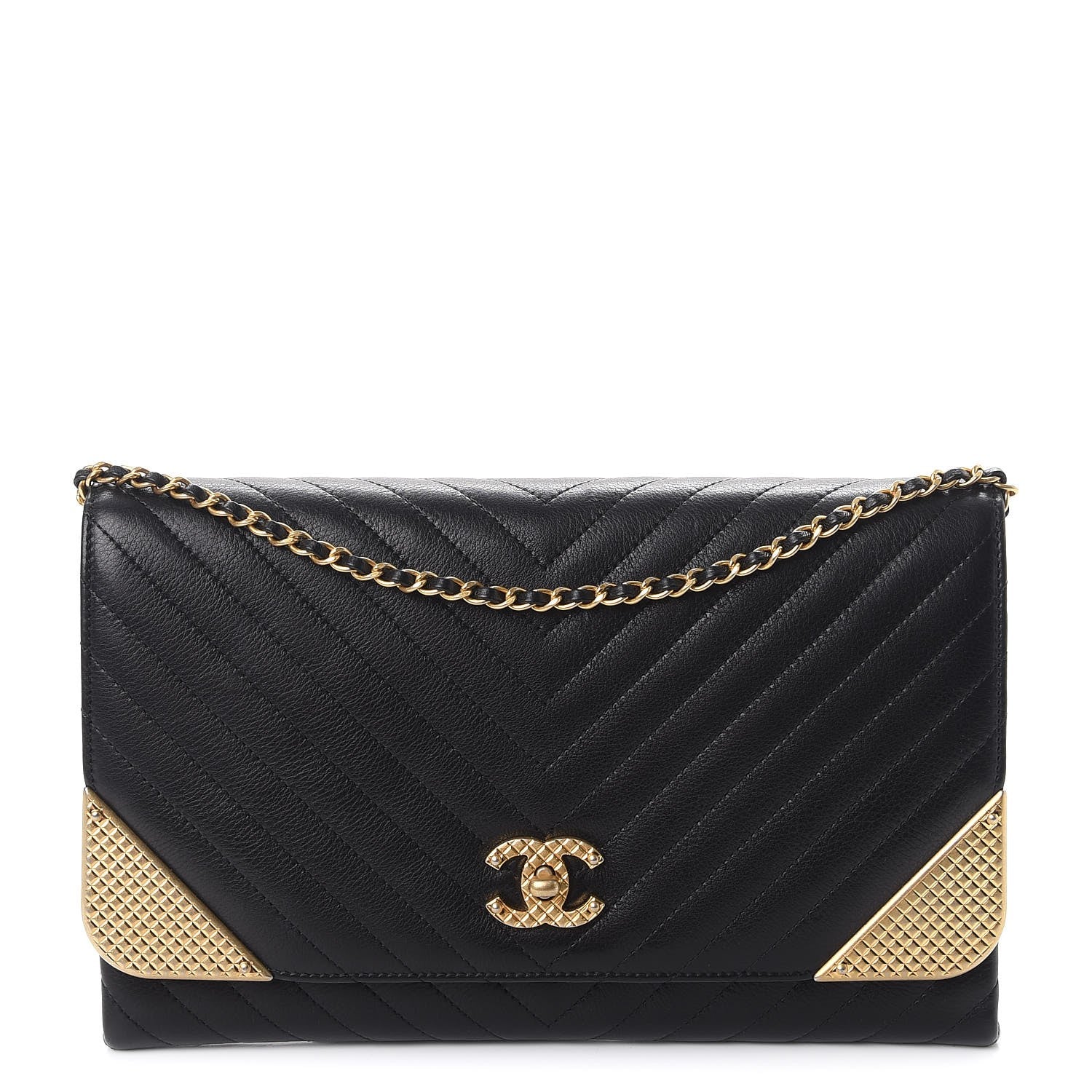 Chanel Calfskin Chevron Quilted Rock The Corner Clutch With Chain Black 1 of 7