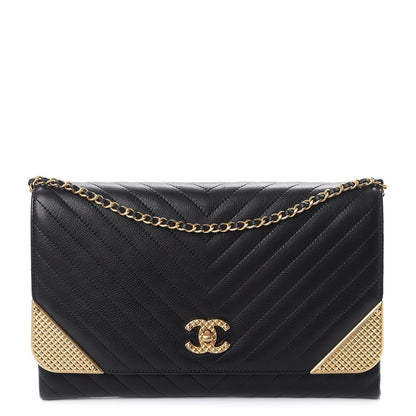 Chanel Calfskin Chevron Quilted Rock The Corner Clutch With Chain Black 1 of 7