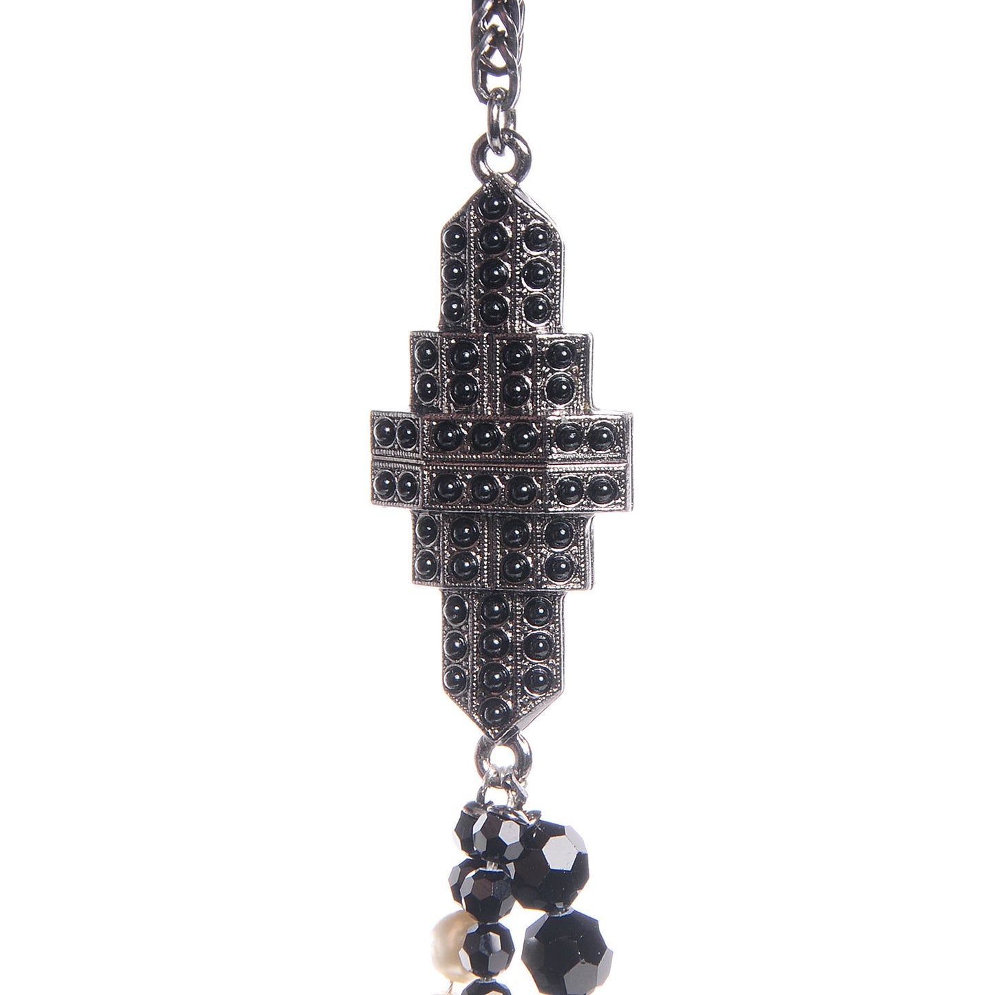 Pearl Beaded Crystal CC Tassel Necklace Black