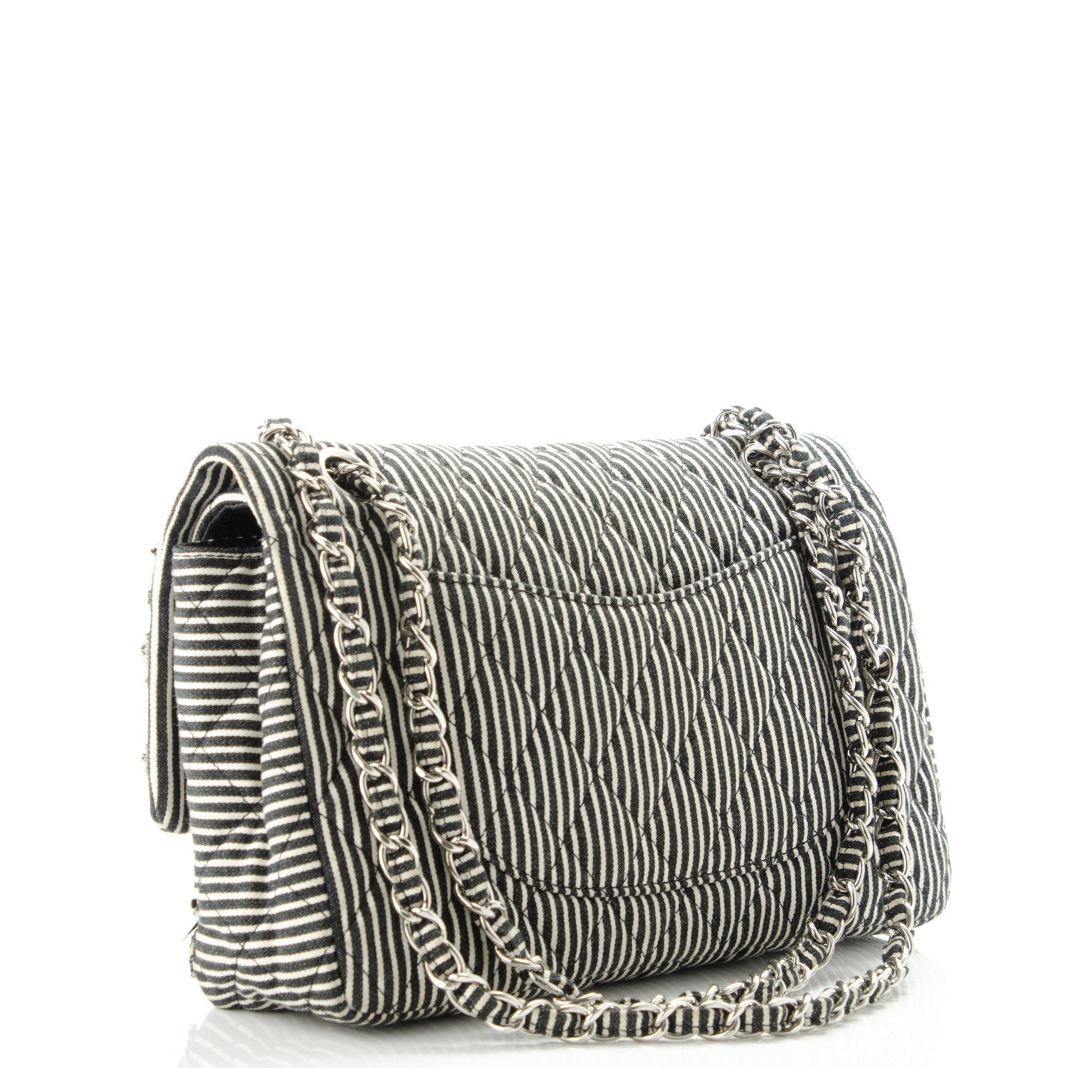 Chanel Canvas Sequin Stripe Medium Double Flap Black White 3 of 8
