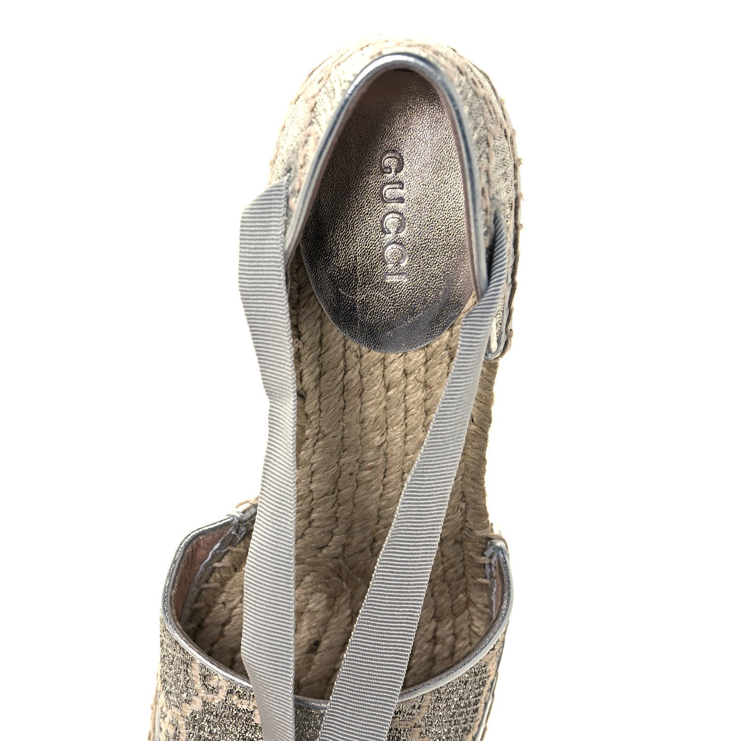 Gucci Lame GG Monogram Ankle Wrap Platform Espadrille Wedges 37 Silver Beige Light Grey 7 of 10