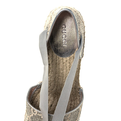Gucci Lame GG Monogram Ankle Wrap Platform Espadrille Wedges 37 Silver Beige Light Grey 7 of 10
