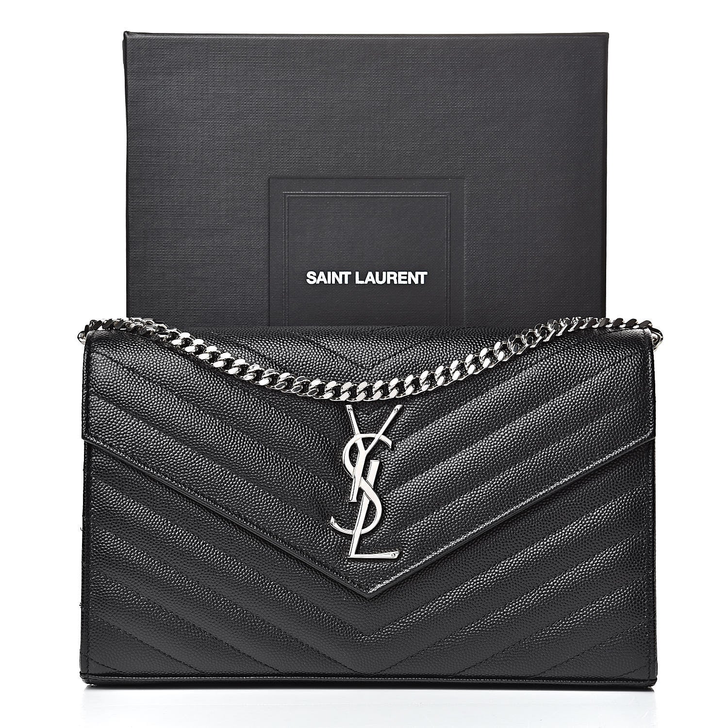 Saint Laurent Grain De Poudre Matelasse Chevron Monogram Chain Wallet Black 11 of 11