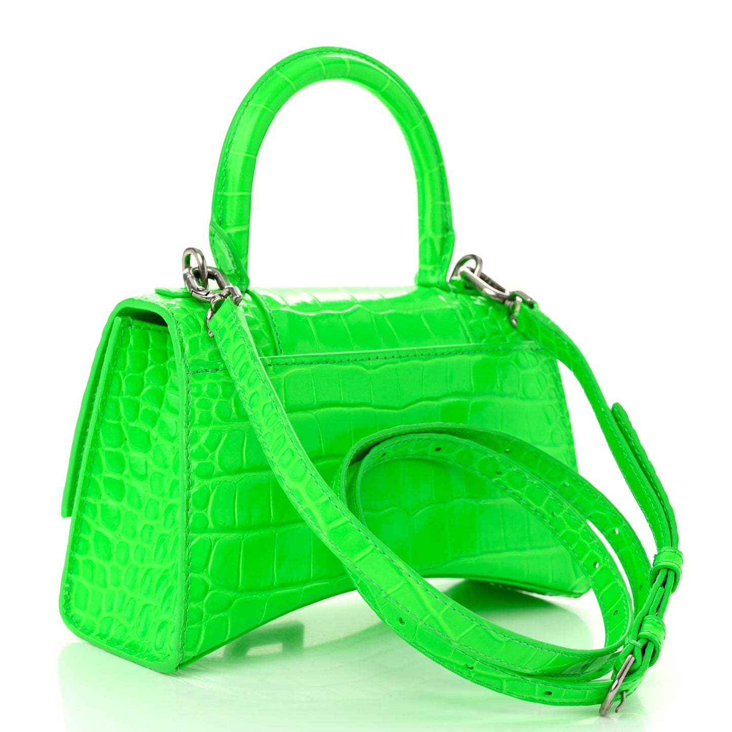 Shiny Calfskin Strass Crocodile Embossed Hourglass Top Handle Bag XS Fluo Green