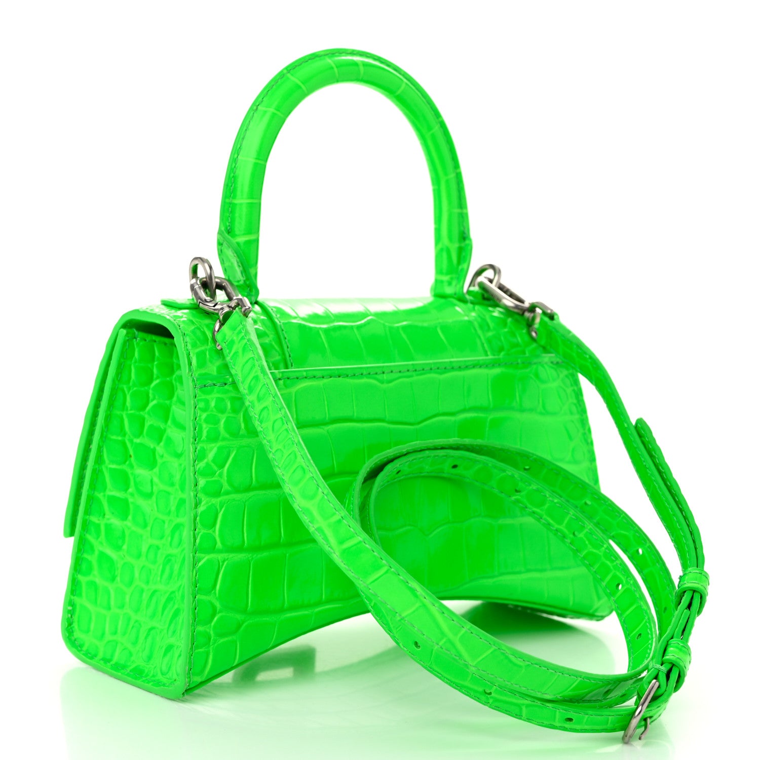 Balenciaga Shiny Calfskin Strass Crocodile Embossed Hourglass Top Handle Bag XS Fluo Green 3 of 11