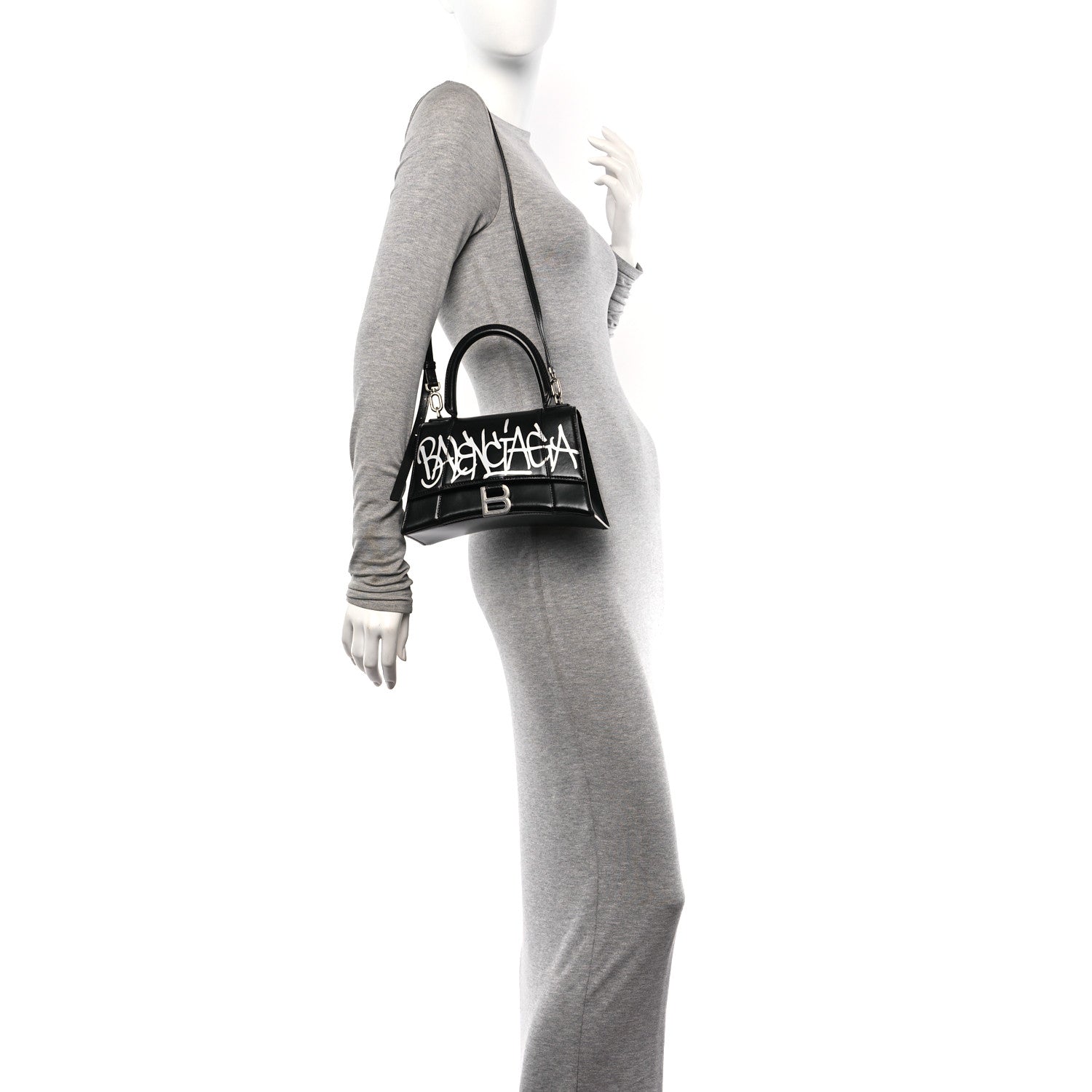Balenciaga Box Calfskin Graffiti Logo Hourglass Top Handle Bag XS Black Silver 2 of 13