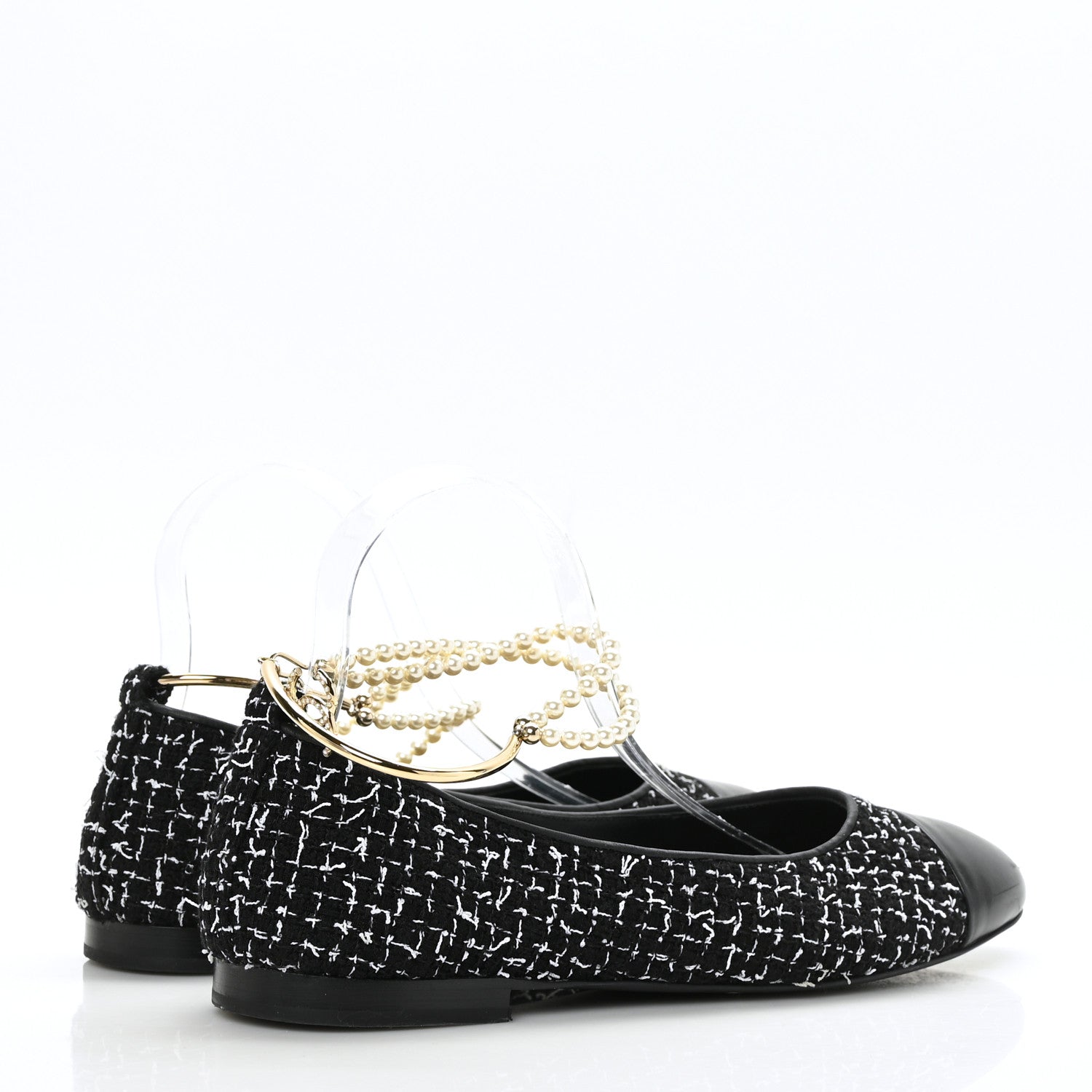 Chanel Tweed Lambskin Cap Toe Ankle Chain Ballerina Flats 41 Black White 4 of 10