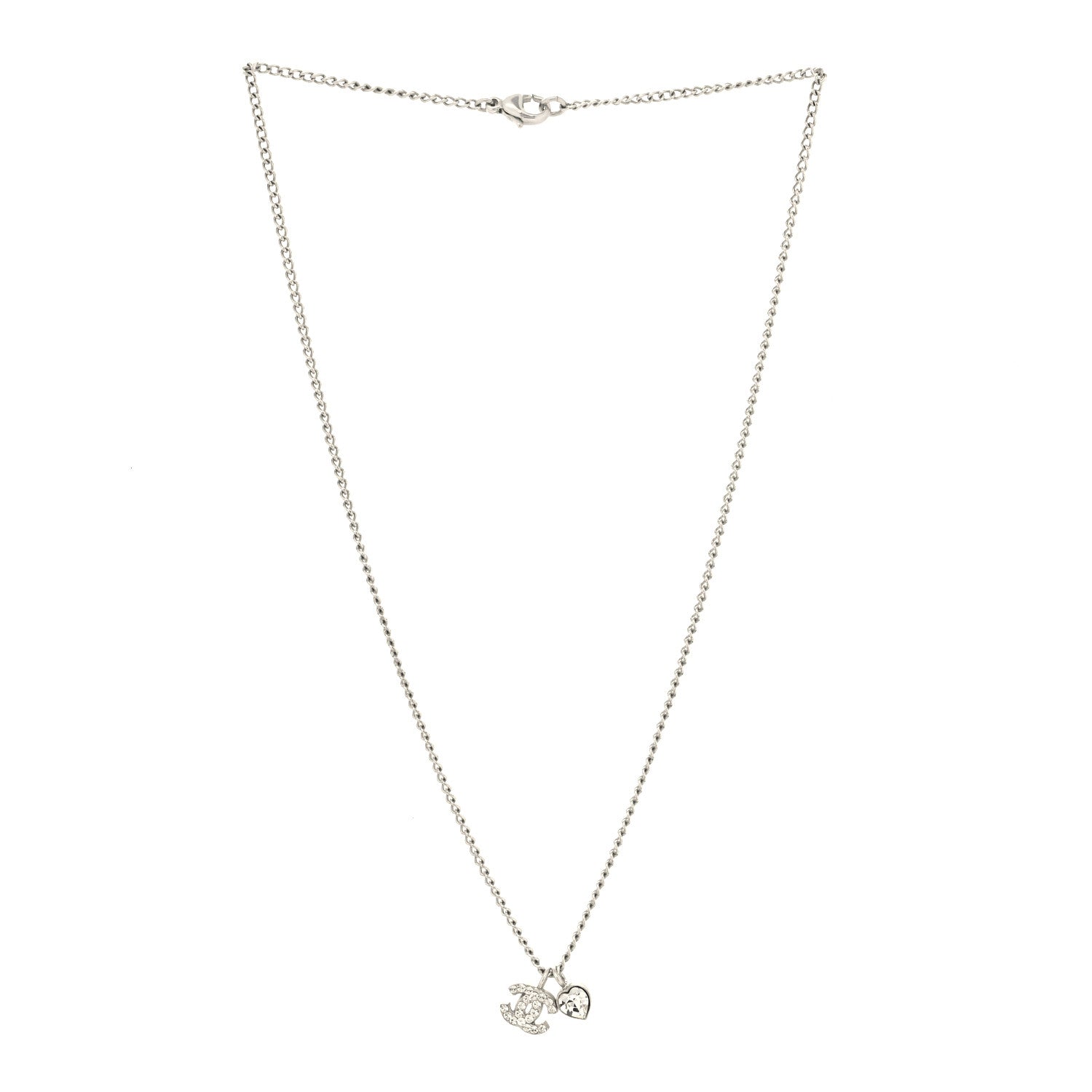 Chanel Crystal Mini Heart CC Necklace Silver 3 of 5