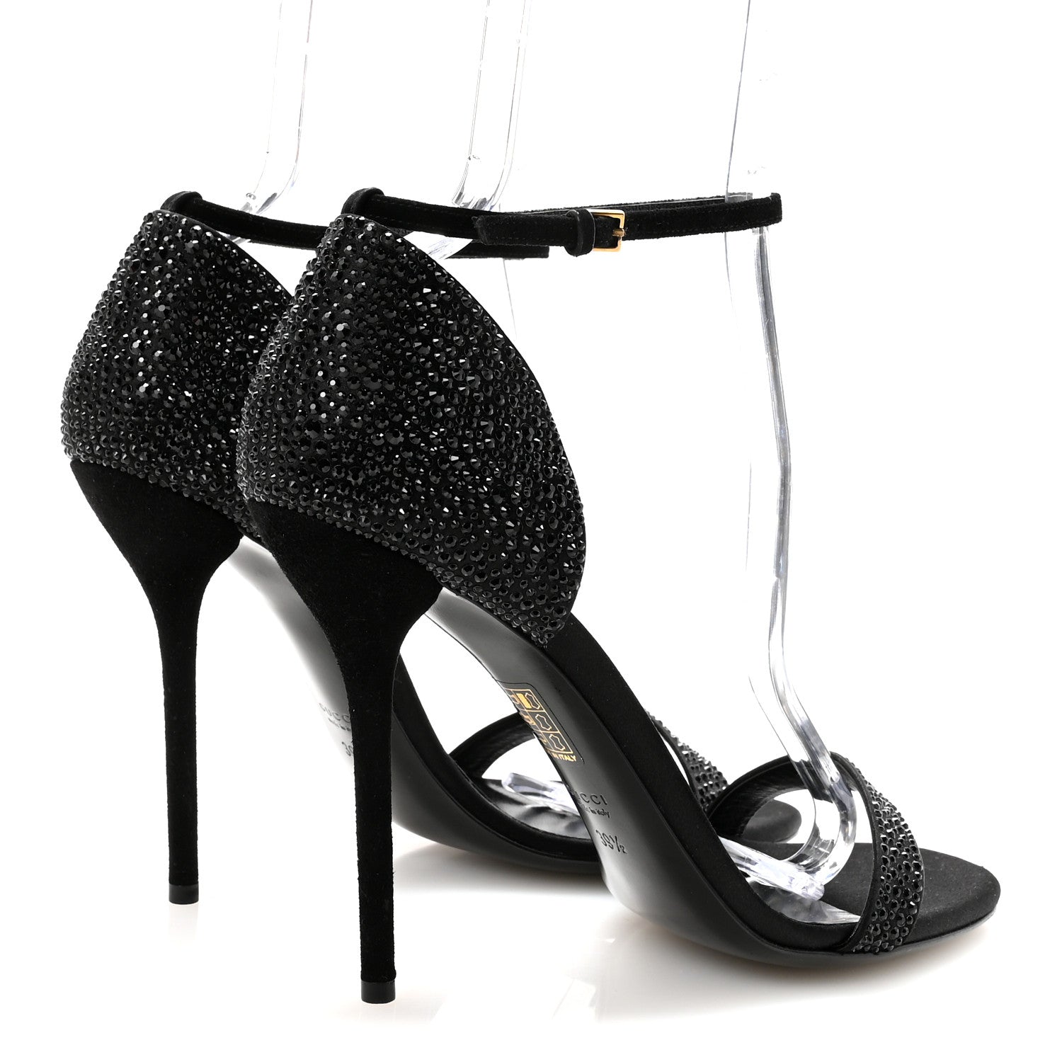 Gucci Suede Satin Crystal Ankle Strap High Heel Sandals 39.5 Black 5 of 9