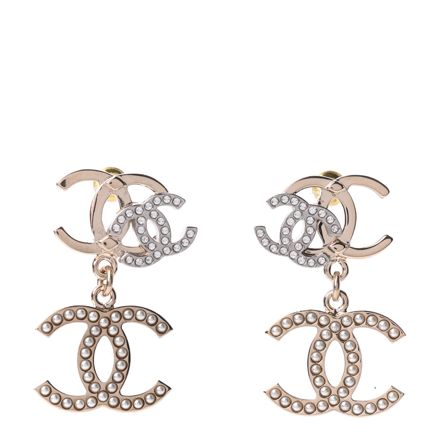 Chanel Crystal Pearl Double CC Drop Earrings Gold Silver 1 of 5