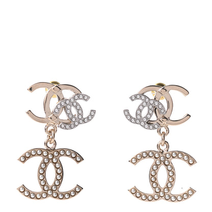 Chanel Crystal Pearl Double CC Drop Earrings Gold Silver 1 of 5