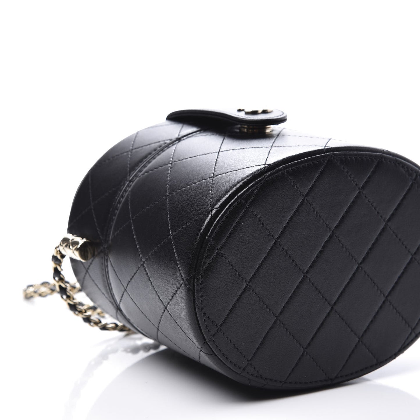 Lambskin Quilted Round Vanity Case With Chain Black