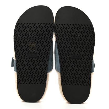 Hermes Suede Goatskin Woolskin Womens Chypre Sandals 38 Bleu Pinede Ecru 5 of 8