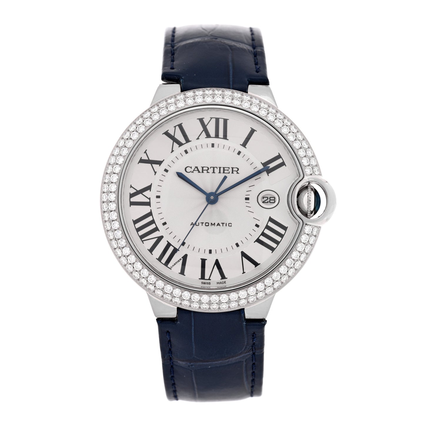 18K White Gold Alligator Diamond Pave Bezel 42mm Ballon Bleu De Cartier Automatic Watch